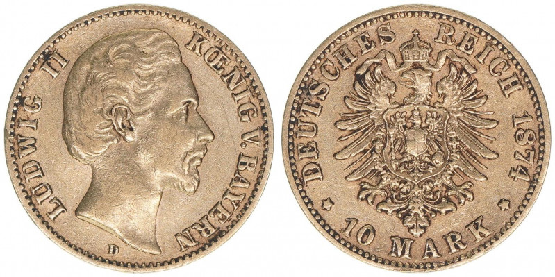 Ludwig II. 1864-1886
Bayern. 10 Mark, 1874 D. Gold
3,92g
AKS 192
ss
