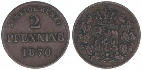 Ludwig II. 1864-1886
Bayern. 2 Pfennige, 1870. 2,46g
AKS 184
ss/vz