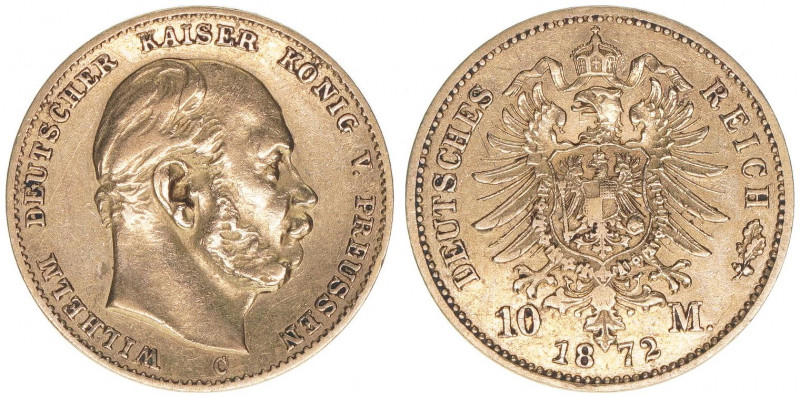 Wilhelm I. 1861-1888
Preussen. 10 Mark, 1872 C. Gold
3,95g
AKS 111
ss