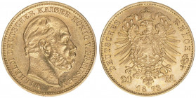 Wilhelm I. 1861-1888
Preussen. 20 Mark, 1873 A. Gold
7,97g
AKS 109
ss/vz