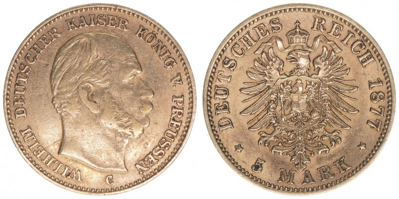 Wilhelm I. 1861-1888
Preussen. 5 Mark, 1877 C. Gold
1,97g
AKS 113
ss