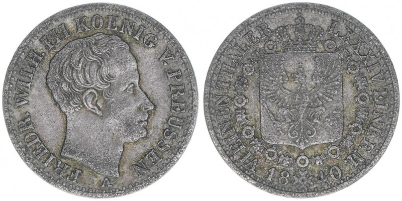 Friedrich Wilhelm III. 1797-1840
Preussen. 1/6 Taler, 1840 A. 5,17g
AKS 26
ss