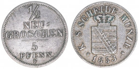 Friedrich August II. 1836-1854
Sachsen. 1/2 Neugroschen, 1853 F. 1,00g
AKS 108
vz