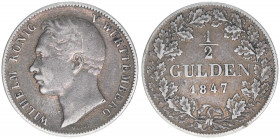 Wilhelm I. 1816-1864
Württemberg. 1/2 Gulden, 1847. 5,18g
AKS 86
ss