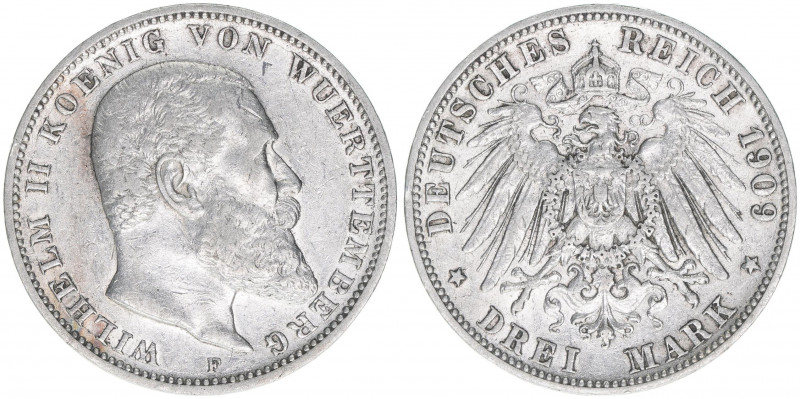 Wilhelm II. 1891-1918
Württemberg. 3 Mark, 1909 F. 16,59g
AKS 144
ss/vz