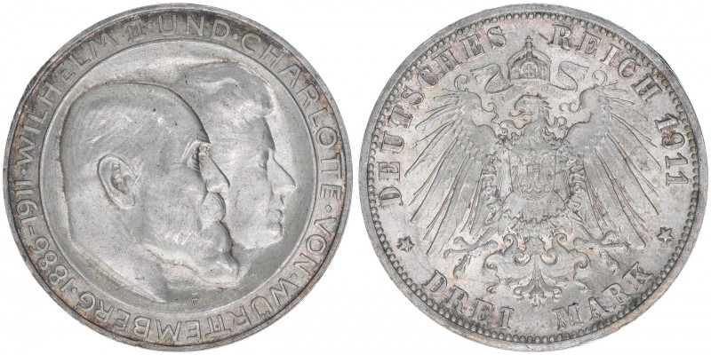 Wilhelm II. 1891-1918
Württemberg. 3 Mark, 1911 F. 16,71g
AKS 146
vz