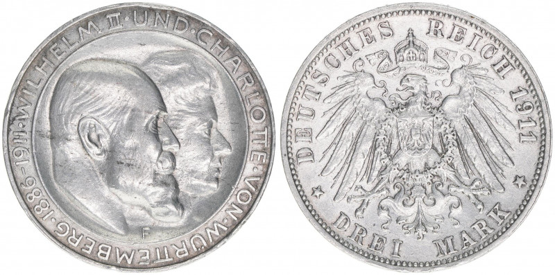 Wilhelm II. 1891-1918
Württemberg. 3 Mark, 1911 F. 16,66g
AKS 146
vz