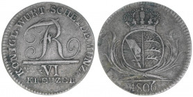 Friedrich I. 1806-1816
Württemberg. VI Kreuzer, 1806. selten - von Reichssturmfahne und Württemberg gespaltener Wappenschild
2,38g
AKS 49
ss+