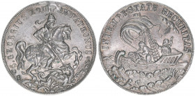 Hl. Georg
Silbermedaille, 19.Jhdt.?. St. Georg zu Pferde ersticht Drachen rechts im Hintergrund kniende Königin - Jünger im sturmumwogten Schiff mit d...