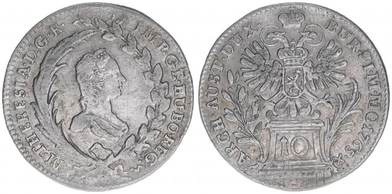 Maria Theresia 1740-1780
10 Kreuzer, 1765. Prag
3,77g
Frühwald 934
ss