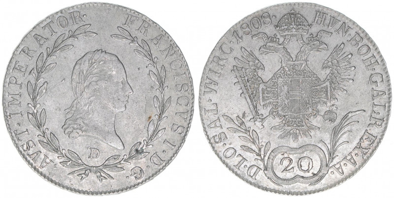 Franz (II.) I. 1792-1835
20 Kreuzer, 1808 D. selten
Salzburg
6,64g
Zöttl 3442, P...