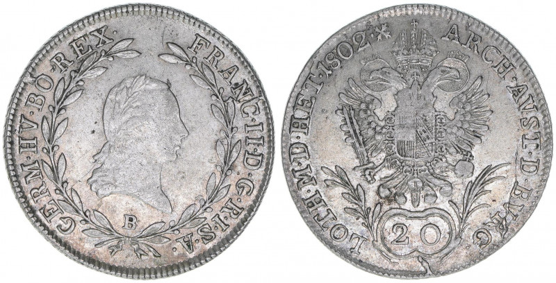 Franz (II.) I.1792-1835
20 Kreuzer, 1802 B. Kremnitz
6,61g
ANK 40
ss+