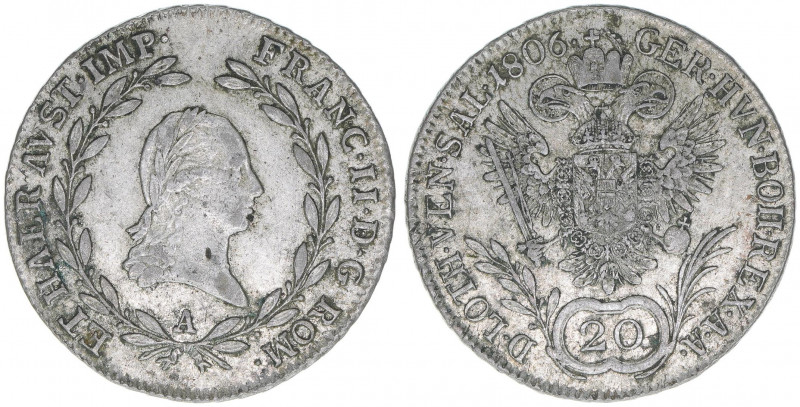 Franz (II.) I.1792-1835
20 Kreuzer, 1806 A. Wien
6,63g
ANK 41
ss