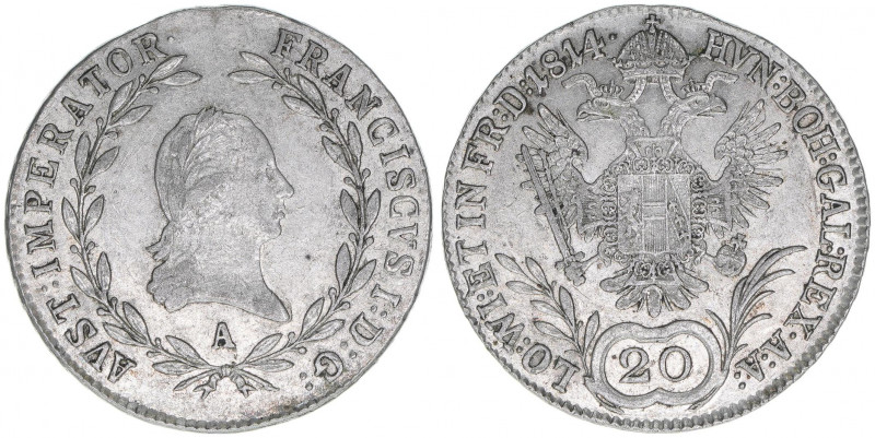 Franz (II.) I.1792-1835
20 Kreuzer, 1814 A. Wien
6,63g
ANK 43
ss