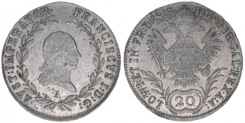 Franz (II.) I.1792-1835
20 Kreuzer, 1815 A. Wien
6,64g
ANK 43
ss+