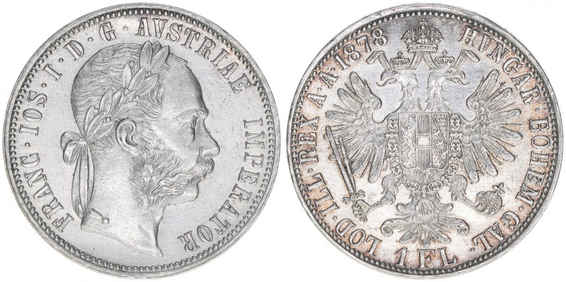 Franz Joseph I. 1848-1916
1 Gulden, 1878. mit Randschrift
Wien
12,29g
ANK 31
vz+