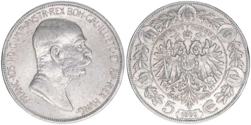 Franz Joseph I. 1848-1916
5 Kronen, 1909. ohne Medaillennamen unter dem Kopfbild...