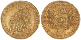 Guiodobald Graf Thun-Hohenstein 1654-1668
Erzbistum Salzburg. Dukat, 1667. sehr selten
Salzburg
3,42g
Zöttl 1766, Probszt 1454
ss