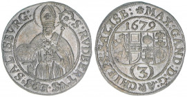 Max Gandolph Graf Kuenburg 1668-1687
Erzbistum Salzburg. Groschen, 1679. Salzburg
1,53g
Zöttl 2029, Probszt 1685
vz+