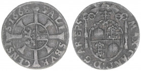 Max Gandolph Graf Kuenburg 1668-1687
Erzbistum Salzburg. Kreuzer, 1668. Salzburg
0,66g
Zöttl 2039, Probszt 1695
ss/vz