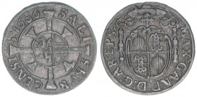 Max Gandolph Graf Kuenburg 1668-1687
Erzbistum Salzburg. Kreuzer, 1686. Salzburg
0,78g
Zöttl 2057, Probszt 1713
vz