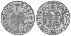 Max Gandolph Graf Kuenburg 1668-1687
Erzbistum Salzburg. 1 Kreuzer, 1681. Salzburg
0,67g
Zöttl 2052, Probszt 1708
vz+