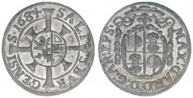 Max Gandolph Graf Kuenburg 1668-1687
Erzbistum Salzburg. 1 Kreuzer, 1684. Salzburg
0,73g
Zöttl 2055, Probszt 1711
vz/stfr