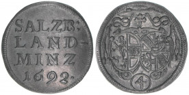 Johann Ernst Graf Thun-Hohenstein 1687-1709
Erzbistum Salzburg. Landbatzen, 1692. Salzburg
2,22g
Zöttl 2219, Probszt 1855
vz