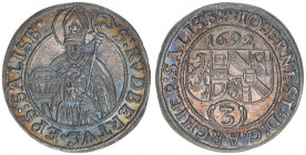 Johann Ernst Graf Thun-Hohenstein 1687-1709
Erzbistum Salzburg. Groschen, 1692. Salzburg
1,51g
Zöttl 2225, Probszt 1861
vz/stfr