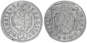 Johann Ernst Graf Thun-Hohenstein 1687-1709
Erzbistum Salzburg. 1/2 Reichsbatzen, 1701. Salzburg
1,20g
Zöttl 2234, Probszt 1870
vz+