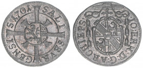 Johann Ernst Graf Thun-Hohenstein 1687-1709
Erzbistum Salzburg. Kreuzer, 1701. Salzburg
0,82g
Zöttl 2257, Probszt 1893
vz
