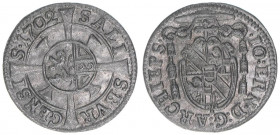 Johann Ernst Graf Thun-Hohenstein 1687-1709
Erzbistum Salzburg. Kreuzer, 1702. Salzburg
0,85g
Zöttl 2258, Probszt 1894
ss/vz
