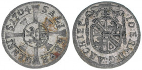 Johann Ernst Graf Thun-Hohenstein 1687-1709
Erzbistum Salzburg. Kreuzer, 1704. Salzburg
0,81g
Zöttl 2260, Probszt 1896
vz-