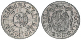 Johann Ernst Graf Thun-Hohenstein 1687-1709
Erzbistum Salzburg. Kreuzer, 1706. Salzburg
0,83g
Zöttl 2262, Probszt 1898
vz/stfr