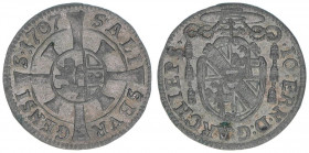 Johann Ernst Graf Thun-Hohenstein 1687-1709
Erzbistum Salzburg. Kreuzer, 1707. Salzburg
0,79g
Zöttl 2263, Probszt1899
vz