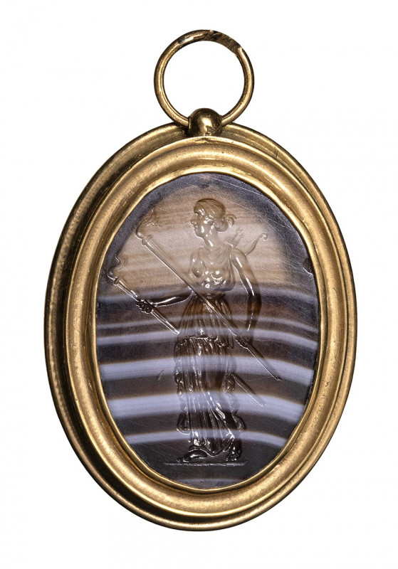 A fine greek late classical banded agate intaglio set in a gold pendant. Diana L...
