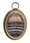 A fine greek late classical  banded agate intaglio set in a gold pendant. Diana Lucifera.