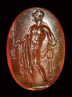 A fine roman carnelian intaglio. Perseus with Medusa head.