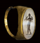 A late hellenistic banded agate intaglio set in an ancient gold ring. Venus Anadyomene