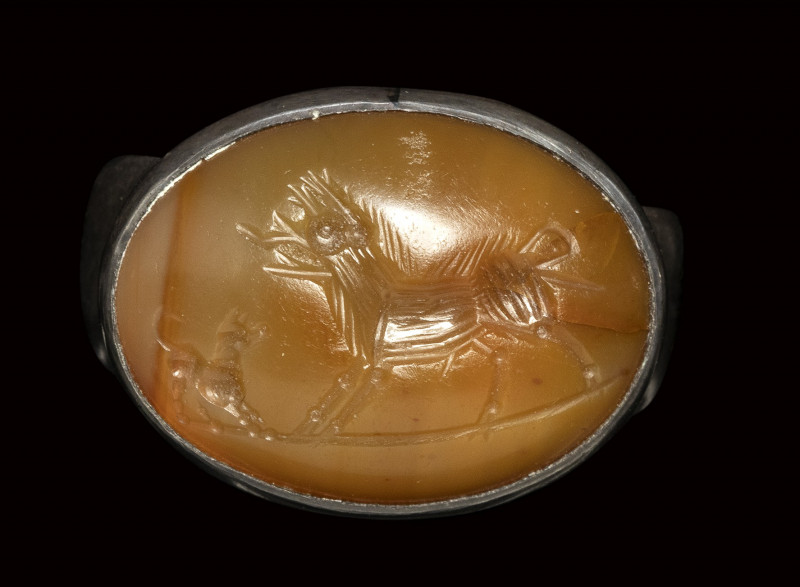 A roman italic agate intaglio set in a silver ring. Boar with a dog. 

2nd cen...