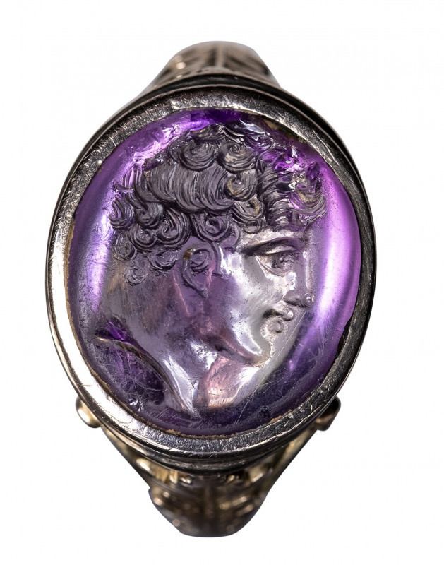 An exceptional greek hellenistic amethyst intaglio set in a late 19th century go...
