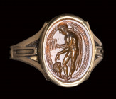 An italic sard intaglio set in a gold ring. Hermes psychopomp.