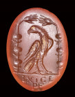 A roman carnelian intaglio. Emblema of victory with eagle and latin letters.