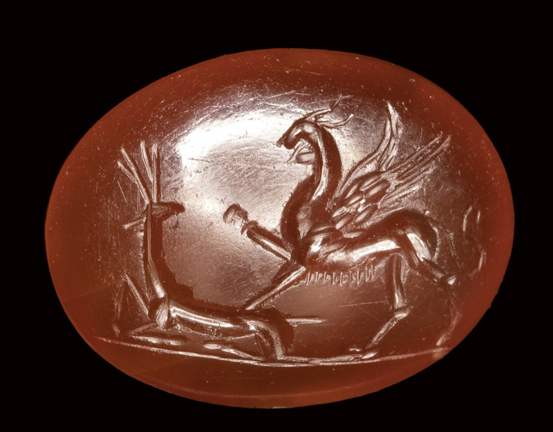 A roman carnelian intaglio. Griffin with deer.

2nd - 3rd century A.D.

13 x...