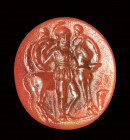 A rare roman carnelian intaglio. Scene of a sacrifice by Agamemnon.