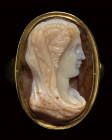 A fine agate cameo set in a gold ring. Veiled bust