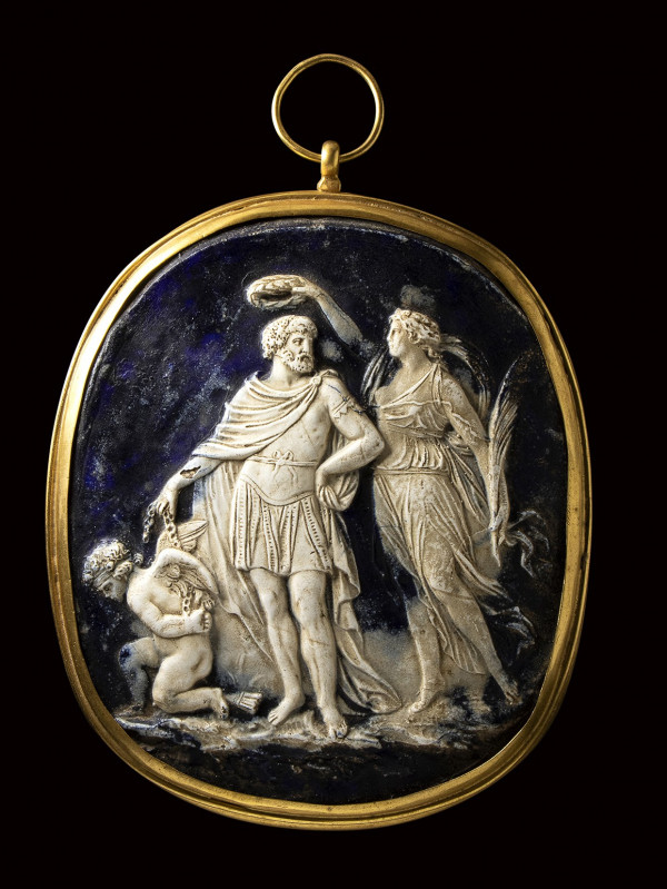 A very large glass paste cameo plaque set in a gold frame. Allegorical scene.
...