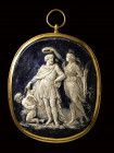 A very large glass paste cameo plaque set in a gold frame. Allegorical scene.