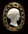 A very fine onyx cameo set in a gold and enamel brooch. Female bust signed Girometti.
