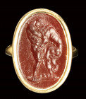 A fine neoclassical carnelian intaglio set in a modern gold ring. Hercules fighting the Nemean Lion.